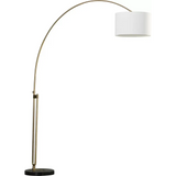 Elegant Joan Arched Floor Lamp with brass stem and white drum shade for stylish lighting