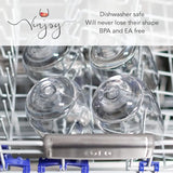 Clear plastic unbreakable stemless wine glasses in a dishwasher rack for easy cleaning