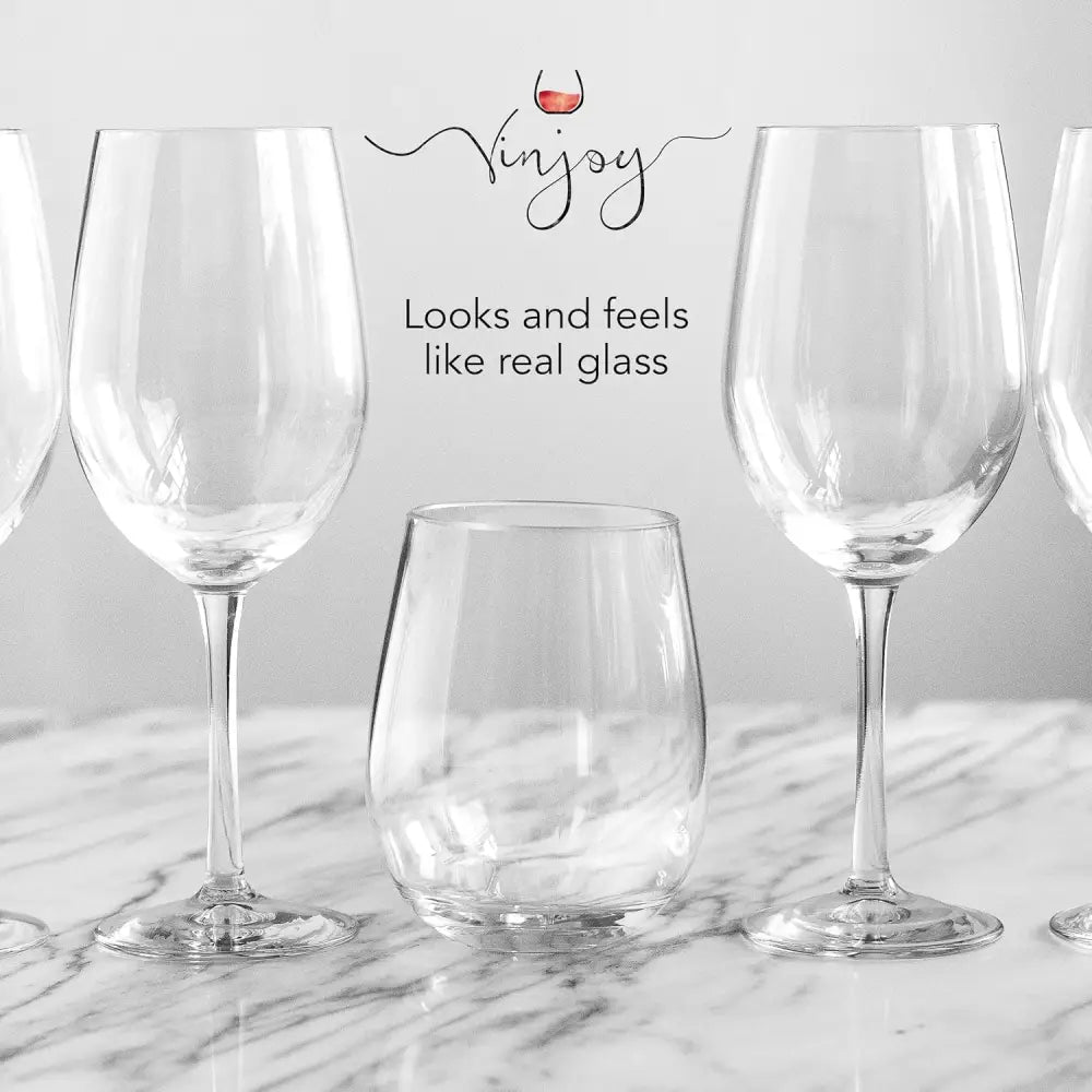 Clear Elegant Stemless Wine Glasses that look like real glass, perfect for red and white wines