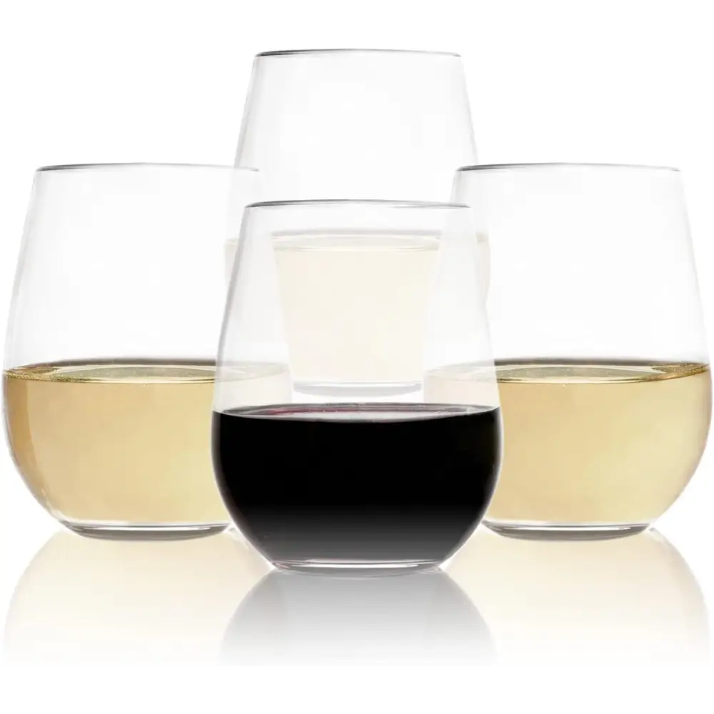 Three stemless wine glasses showcasing red and white wines in an elegant design