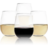 Three stemless wine glasses showcasing red and white wines in an elegant design