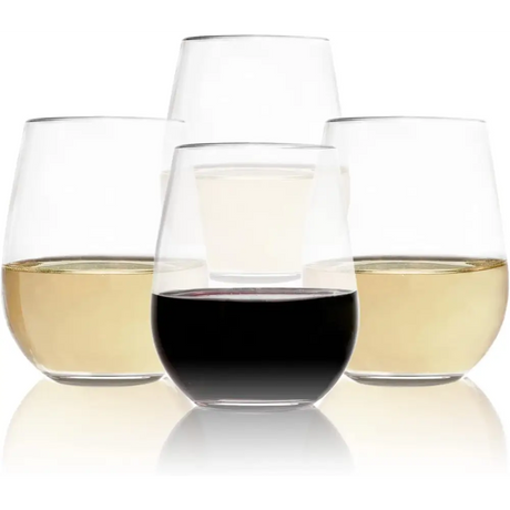 Three stemless wine glasses showcasing red and white wines in an elegant design