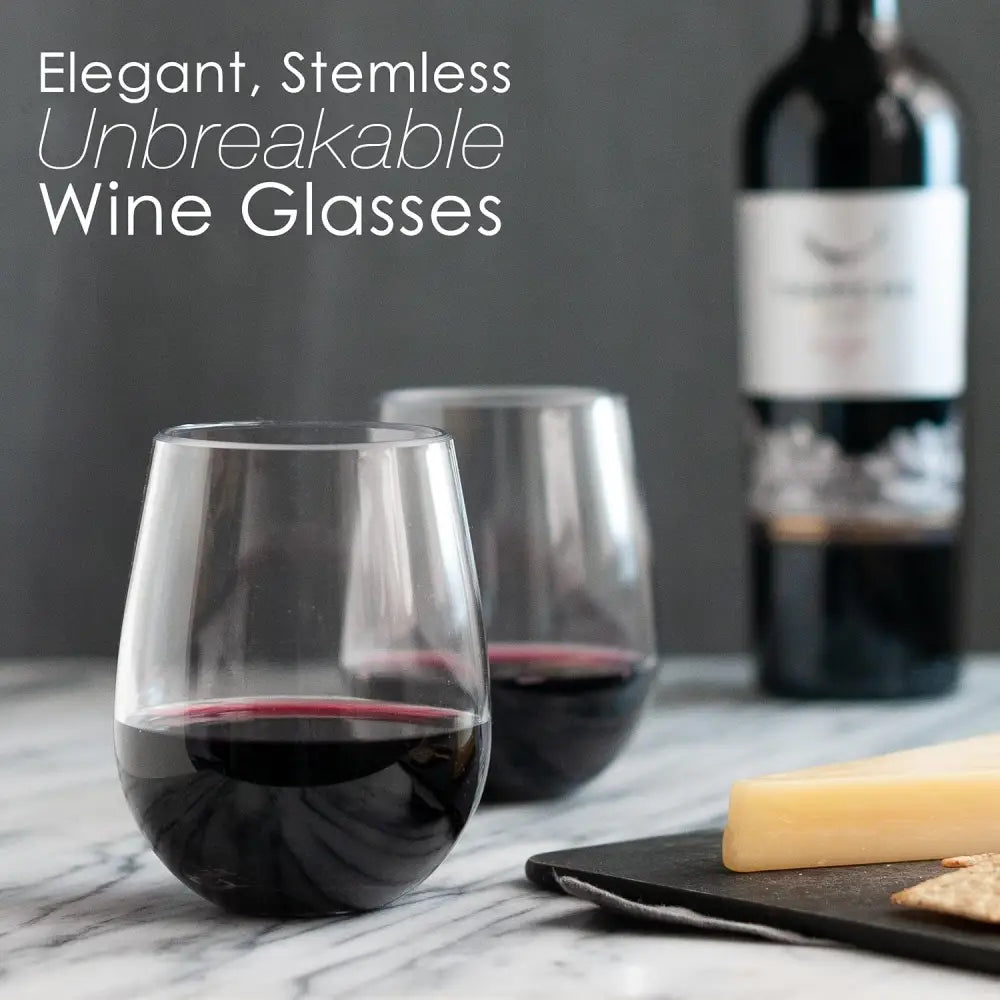 Elegant stemless wine glasses filled with red wine, perfect for any occasion