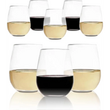 Elegant Stemless Wine Glasses filled with red and white wines displayed in rows