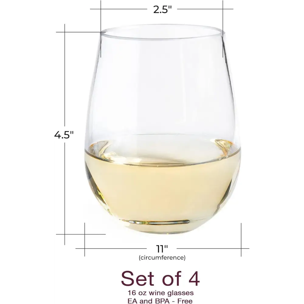 Stemless wine glass with white wine and measurements from Elegant Stemless Wine Glasses