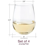 Stemless wine glass with white wine and measurements from Elegant Stemless Wine Glasses