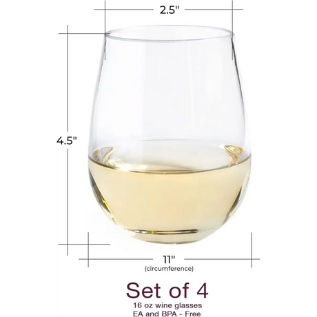 Stemless wine glass with white wine and measurements from Elegant Stemless Wine Glasses