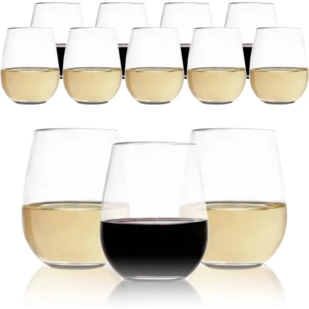 Elegant stemless wine glasses filled with red and white wine arranged in two rows