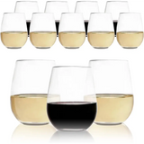 Elegant stemless wine glasses filled with red and white wine arranged in two rows