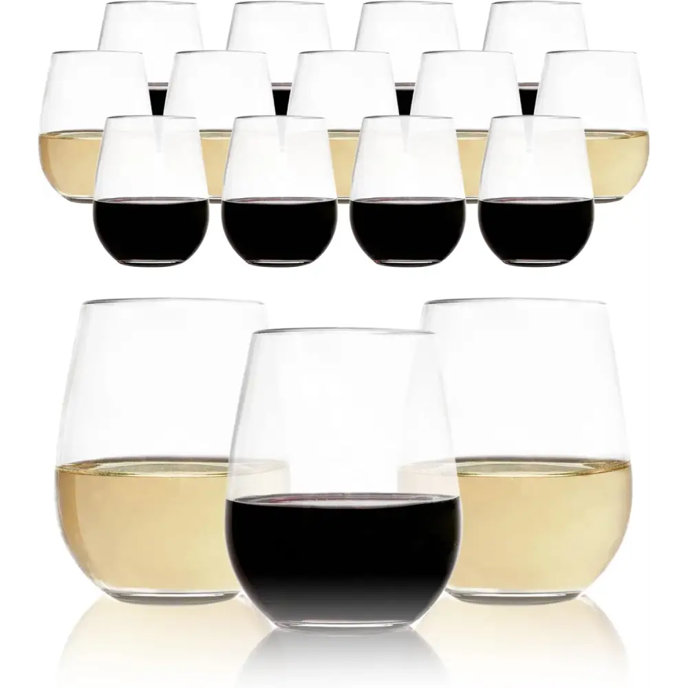 Elegant Stemless Wine Glasses filled with red and white wines in two neat rows