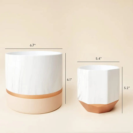 Elegant White Ceramic Planters with Rose Gold Accents featuring marble ink designs