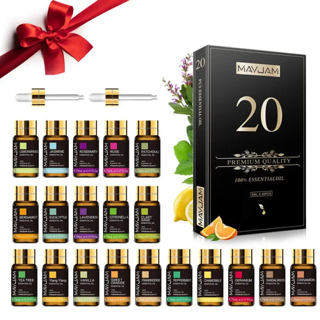 Essential Oils Gift Set with 20 Bottles and Droppers in Black Gold Box with Red Bow