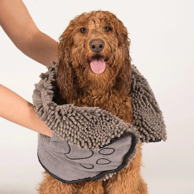 Wet Goldendoodle wrapped in a Fast Drying Microfiber Dog Bath Towel for quick drying