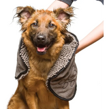 Happy mixed-breed dog in fleece vest beside Fast Drying Microfiber Dog Bath Towel