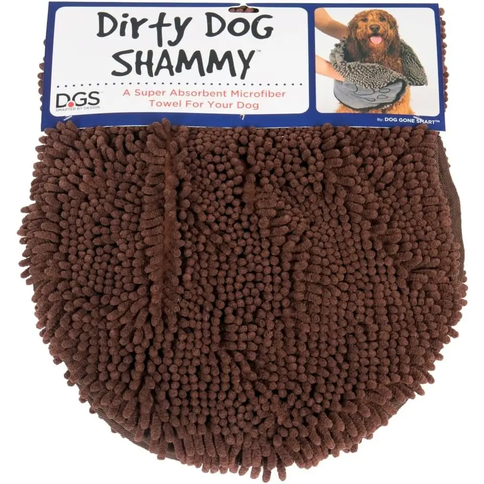 Brown fast drying microfiber dog bath towel with noodle-like texture and dual hand pockets