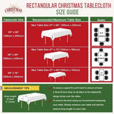 Size guide chart for Christmas tablecloths with seating arrangements and dimensions