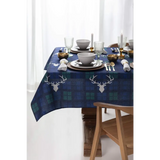 Navy blue Christmas tablecloth with deer head and plaid pattern for festive dining