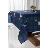 Navy and green plaid Christmas tablecloth with white deer head silhouettes