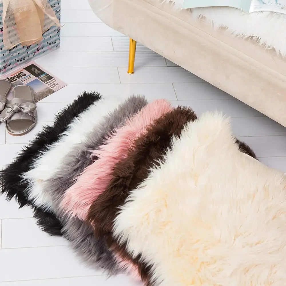 Fluffy Faux Sheepskin Fur Area Rug with colorful feather trims in black, gray, pink, brown, cream