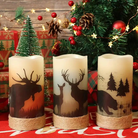 Three flameless flickering candles with woodland animal silhouettes wrapped in hemp rope