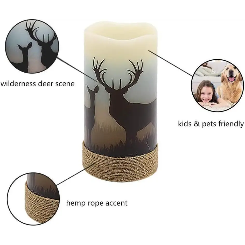 Decorative flameless flickering LED candle with deer scene and hemp rope trim