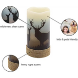 Decorative flameless flickering LED candle with deer scene and hemp rope trim