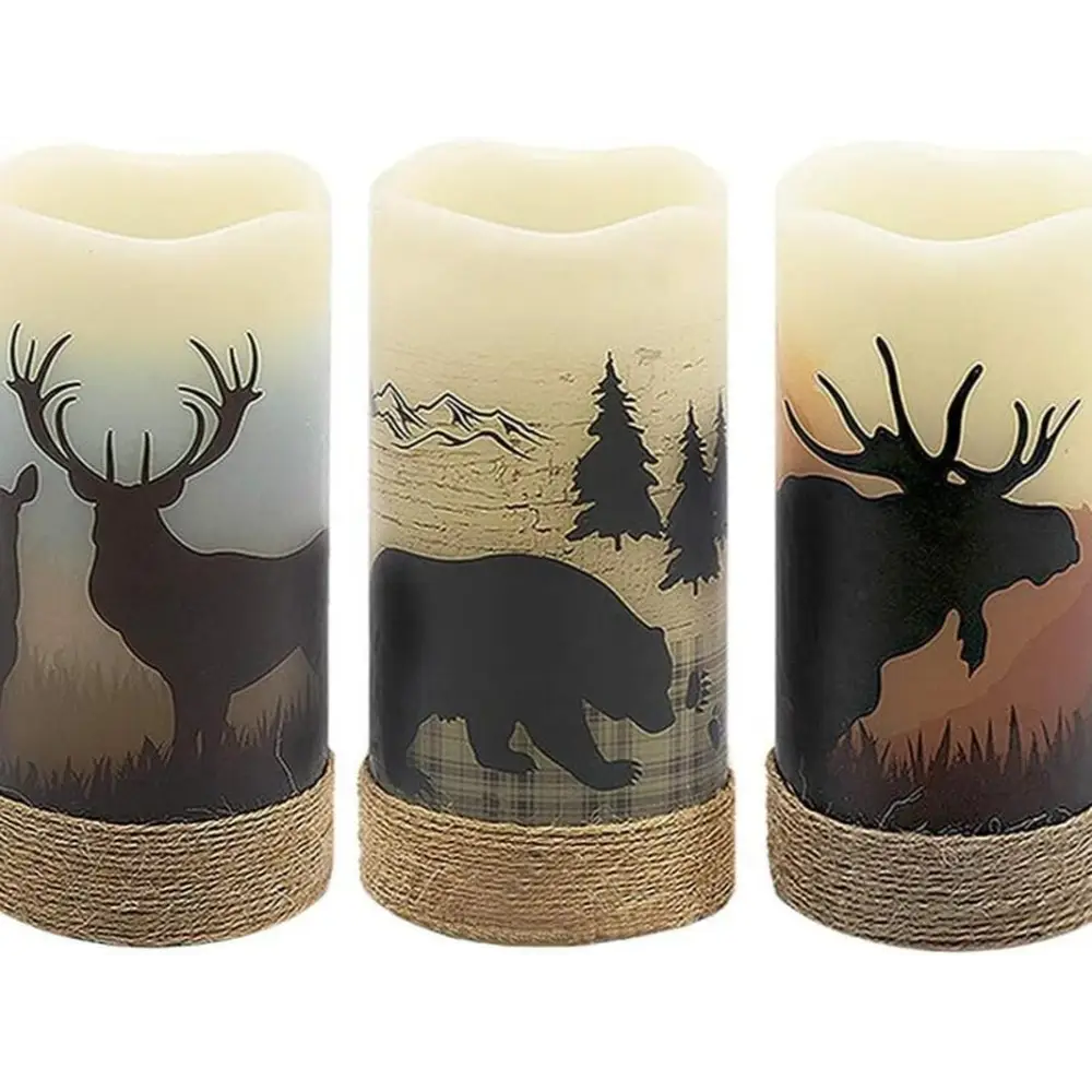 Set of three Forest Friends Flameless Flickering LED Candles with rustic wildlife silhouettes