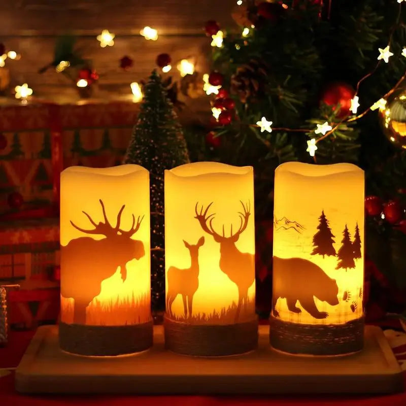 Illuminated flameless candles with woodland animal silhouettes and hemp rope accents