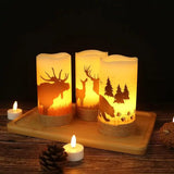 Three flameless flickering LED candles with woodland silhouettes in hemp rope holders