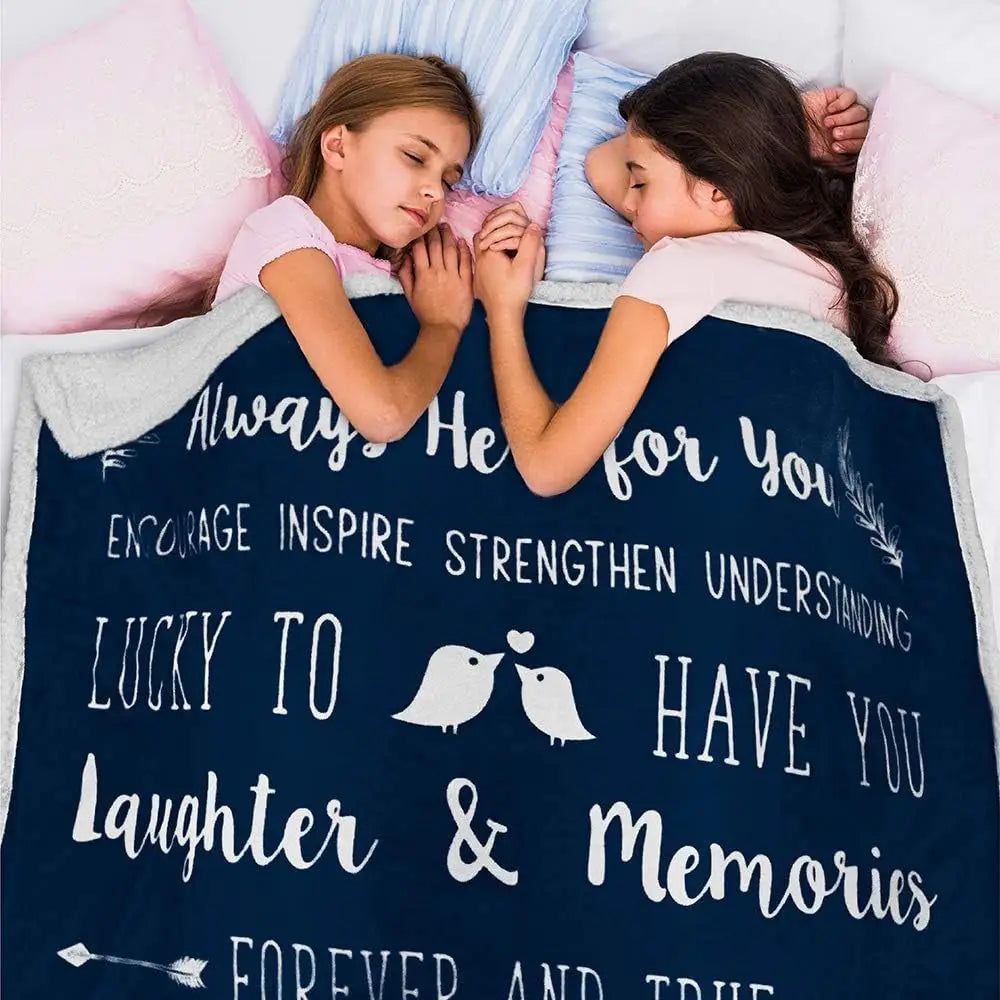 Navy blue throw blanket with white inspirational text and bird designs for best friends