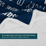 Reversible navy blue and white sherpa fleece throw blanket for best friends with quotes