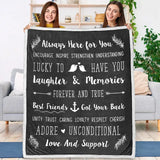 Black and white throw blanket with friendship quotes for best friends and decorative motifs