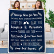 Navy blue throw blanket with friendship quotes for best friends and decorative elements