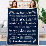 Navy blue throw blanket with friendship quotes for best friends and decorative elements