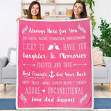 Pink throw blanket with friendship quotes and decorative birds and anchors for best friends