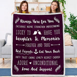 Purple and white throw blanket with friendship quotes for best friends featuring birds and anchors