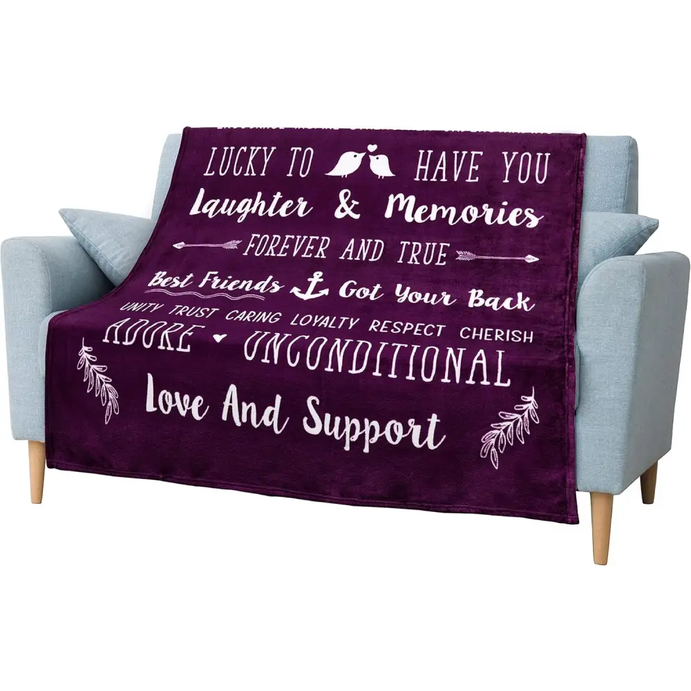 Purple throw blanket with friendship quotes for best friends and love-themed messages