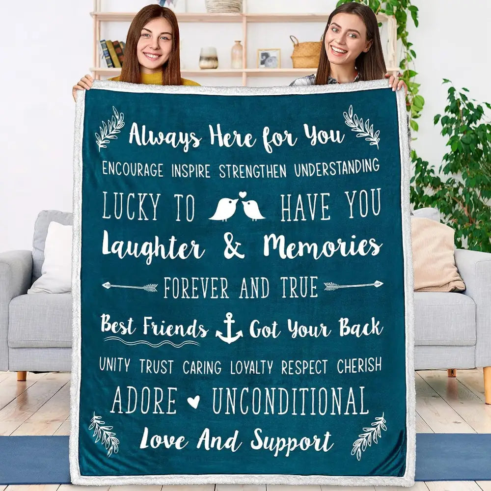 Teal and white throw blanket with friendship quotes for best friends and decorative birds