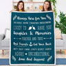 Teal and white throw blanket with friendship quotes for best friends and decorative birds