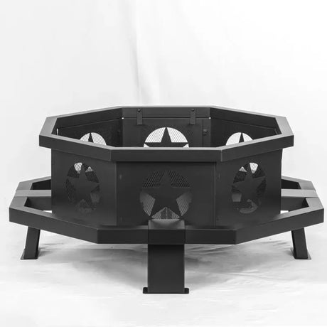 Black octagonal wood burning fire pit with geometric cutouts, perfect for camping trips