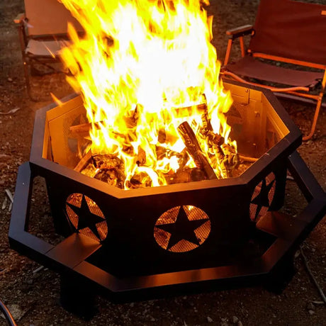 Geometric Wood Burning Fire Pit with star decorations for outdoor camping trips