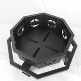 Black octagonal metal frame fire pit with star cutouts, perfect for wood burning outdoors