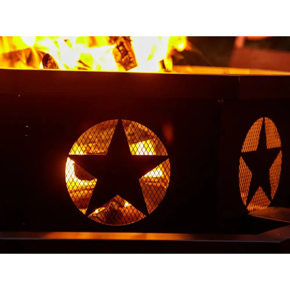 Geometric Wood Burning Fire Pit with star cutouts glowing flames, perfect focal point for outdoor spaces