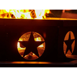 Geometric Wood Burning Fire Pit with star cutouts glowing flames, perfect focal point for outdoor spaces