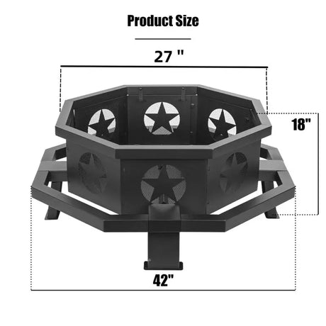 Octagonal wood burning fire pit with star cutouts, perfect focal point for camping trips