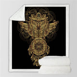 Ornate golden owl design on soft sherpa fluffy fleece blanket featuring mandala patterns