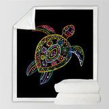 Colorful sea turtle with tribal patterns on Golden Lotus Sherpa fluffy fleece blanket