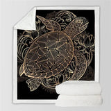 Ornate sea turtle with lotus designs on a soft sherpa fluffy fleece blanket