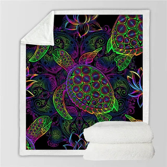 Colorful neon sea turtle design on soft fleece blanket with psychedelic floral patterns