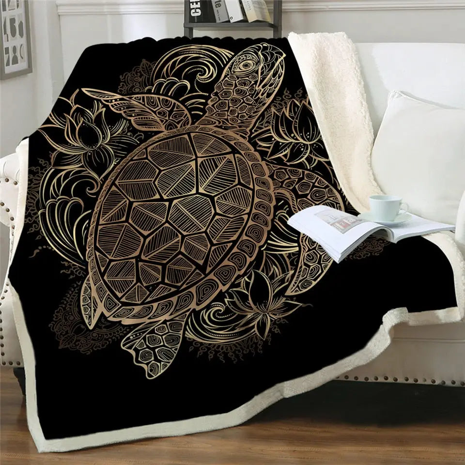 Golden Lotus Sea Turtle fleece blanket featuring a black design with gold accents